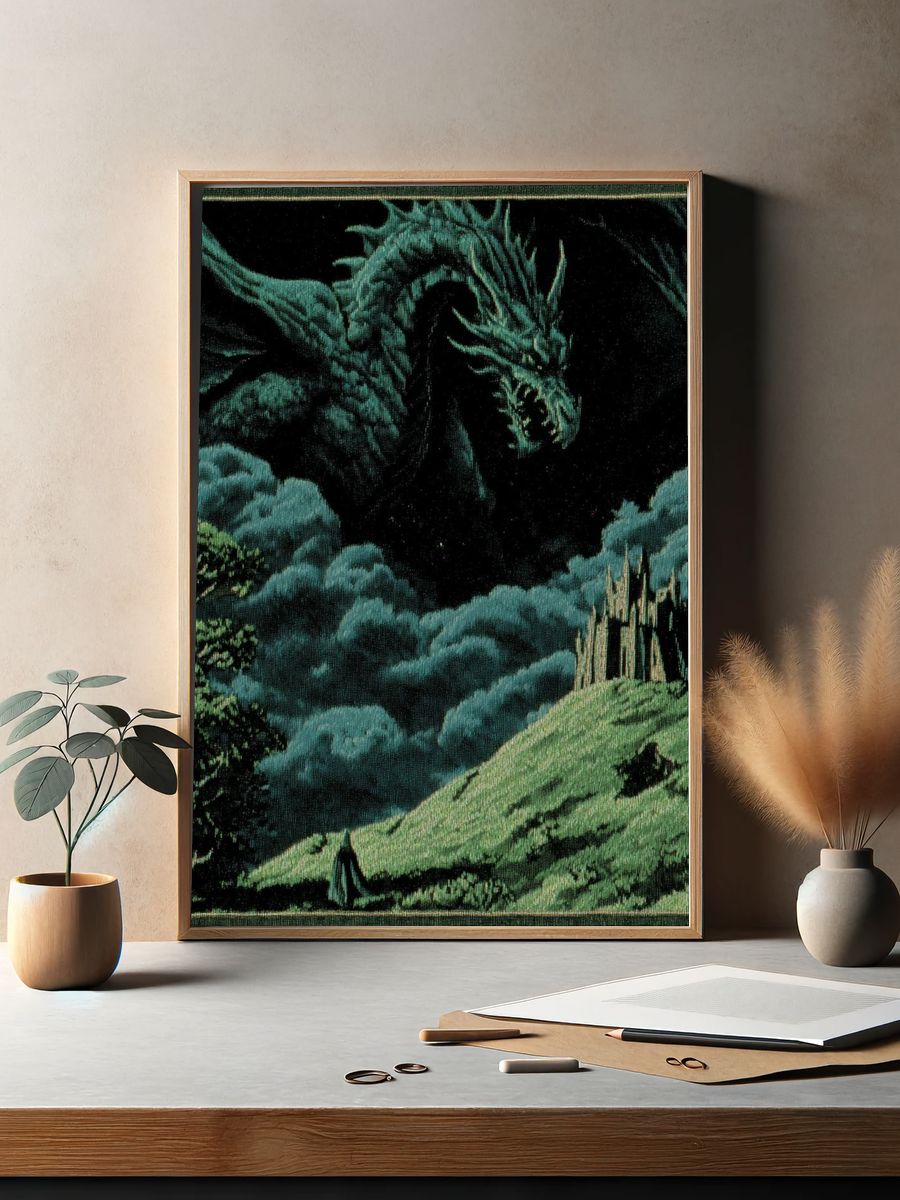 Dragon Over Castle — Fantasy Art Print. — room view 2