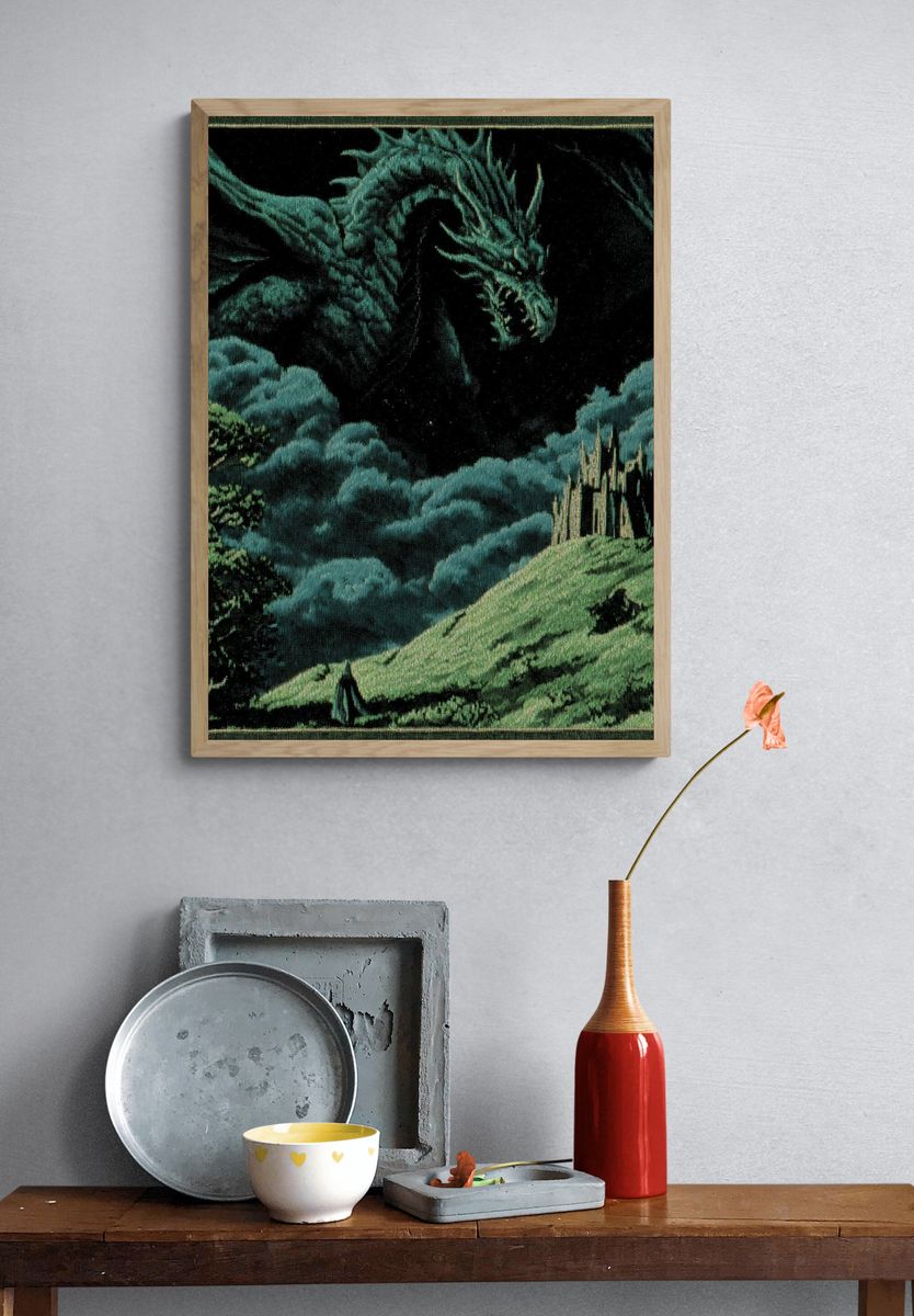 Dragon Over Castle — Fantasy Art Print. — room view 3