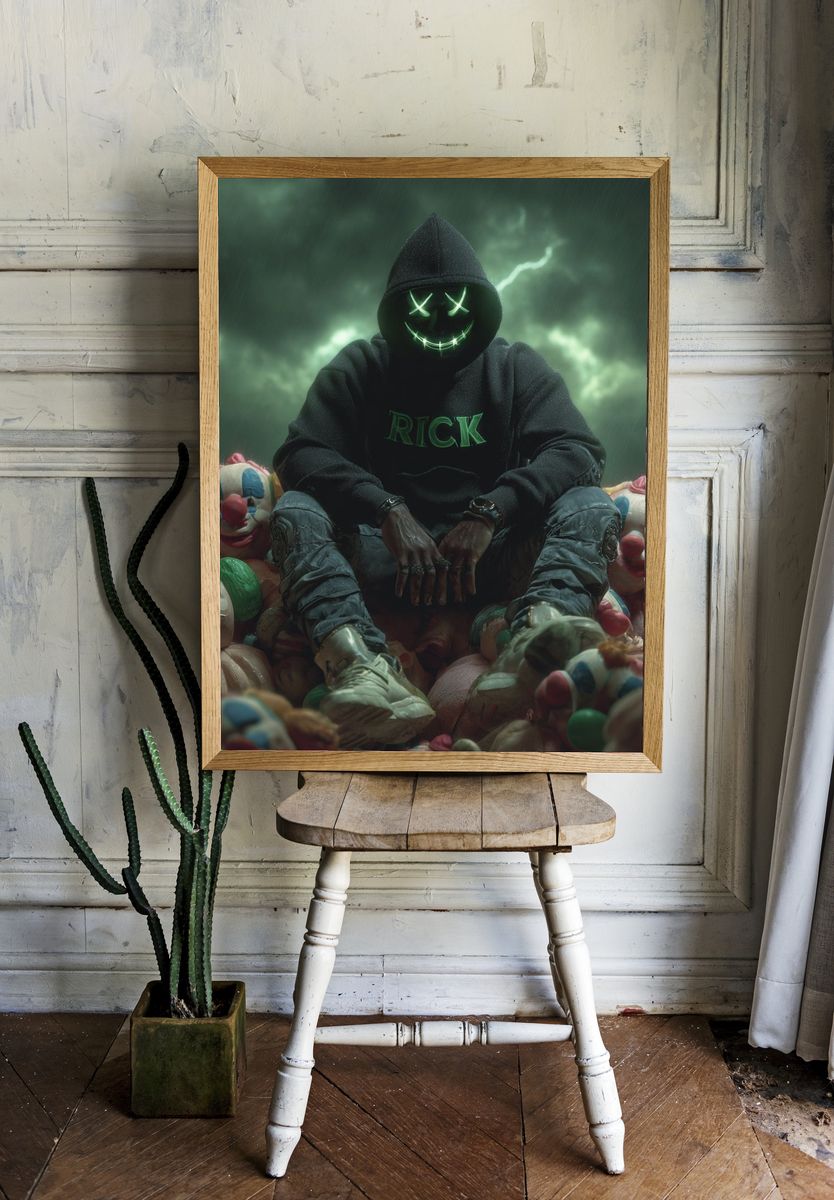 Masked Clown Figure Dark Art Poster. — room view 1