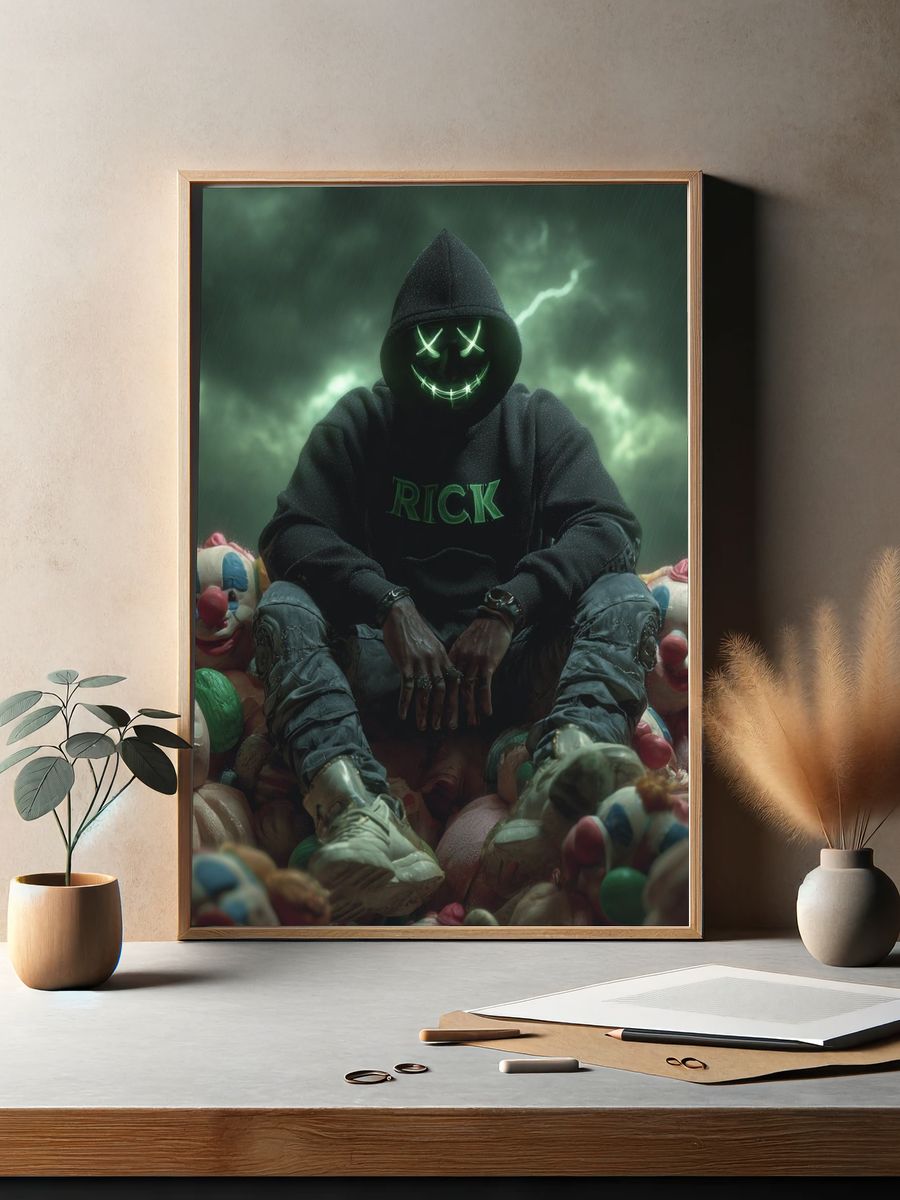 Masked Clown Figure Dark Art Poster. — room view 2