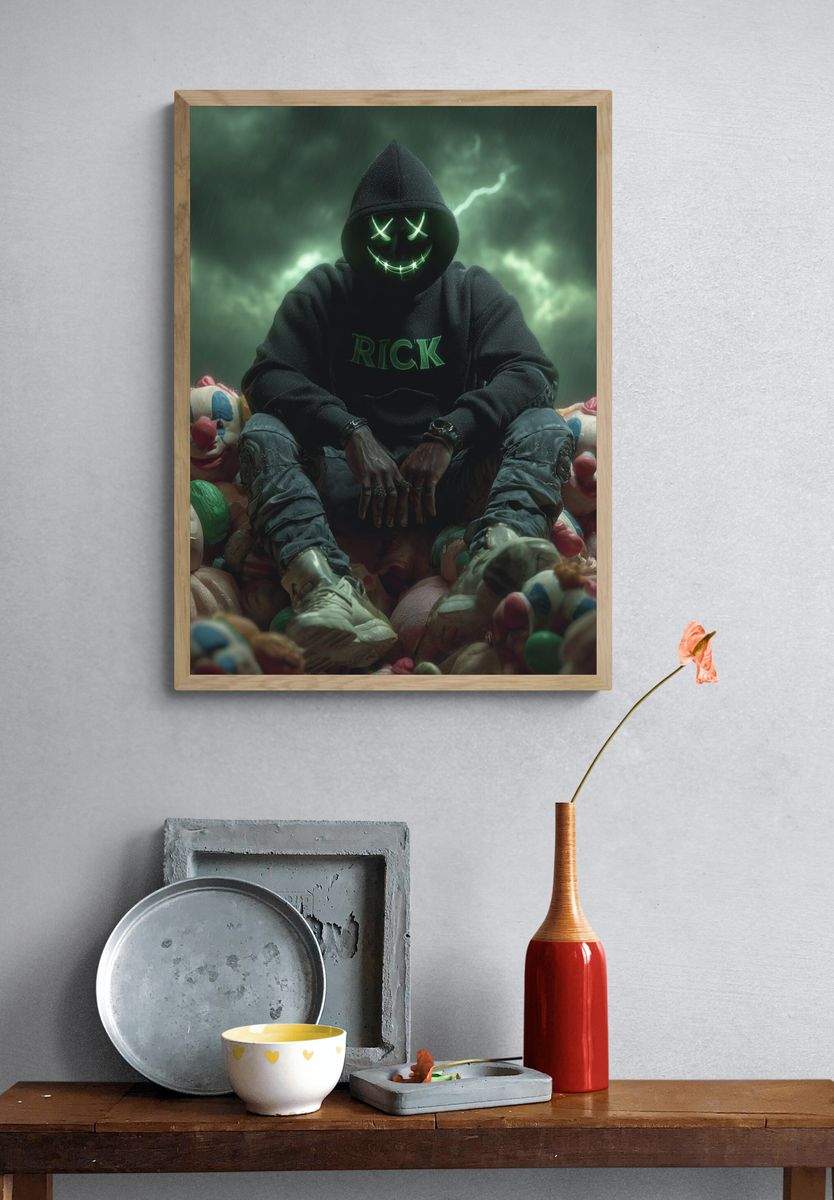 Masked Clown Figure Dark Art Poster. — room view 3