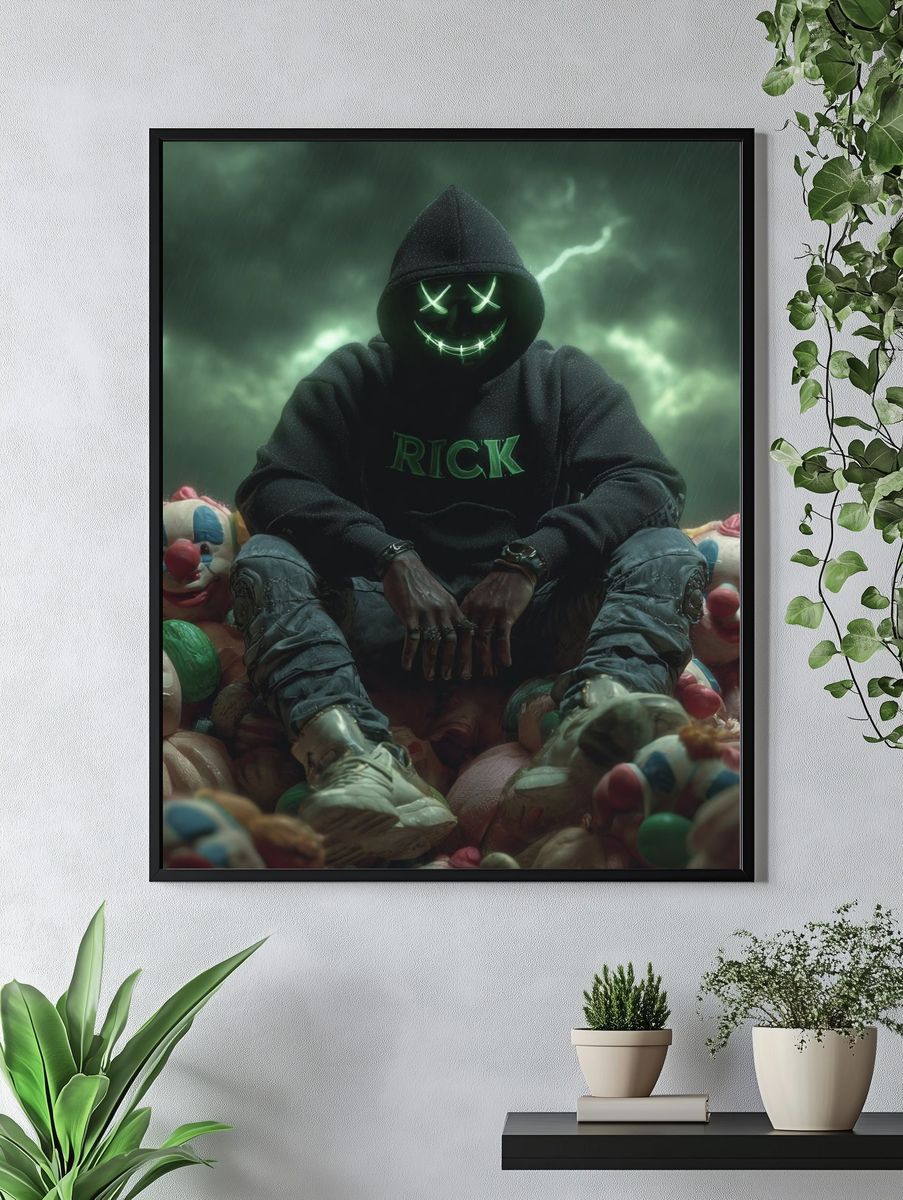Masked Clown Figure Dark Art Poster. — room view 4