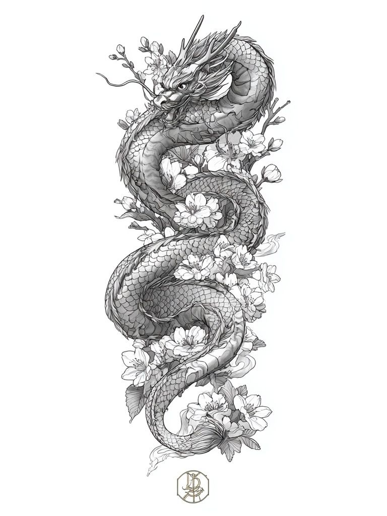 Dragon and Cherry Blossoms — Illustration Print. poster — illustration art