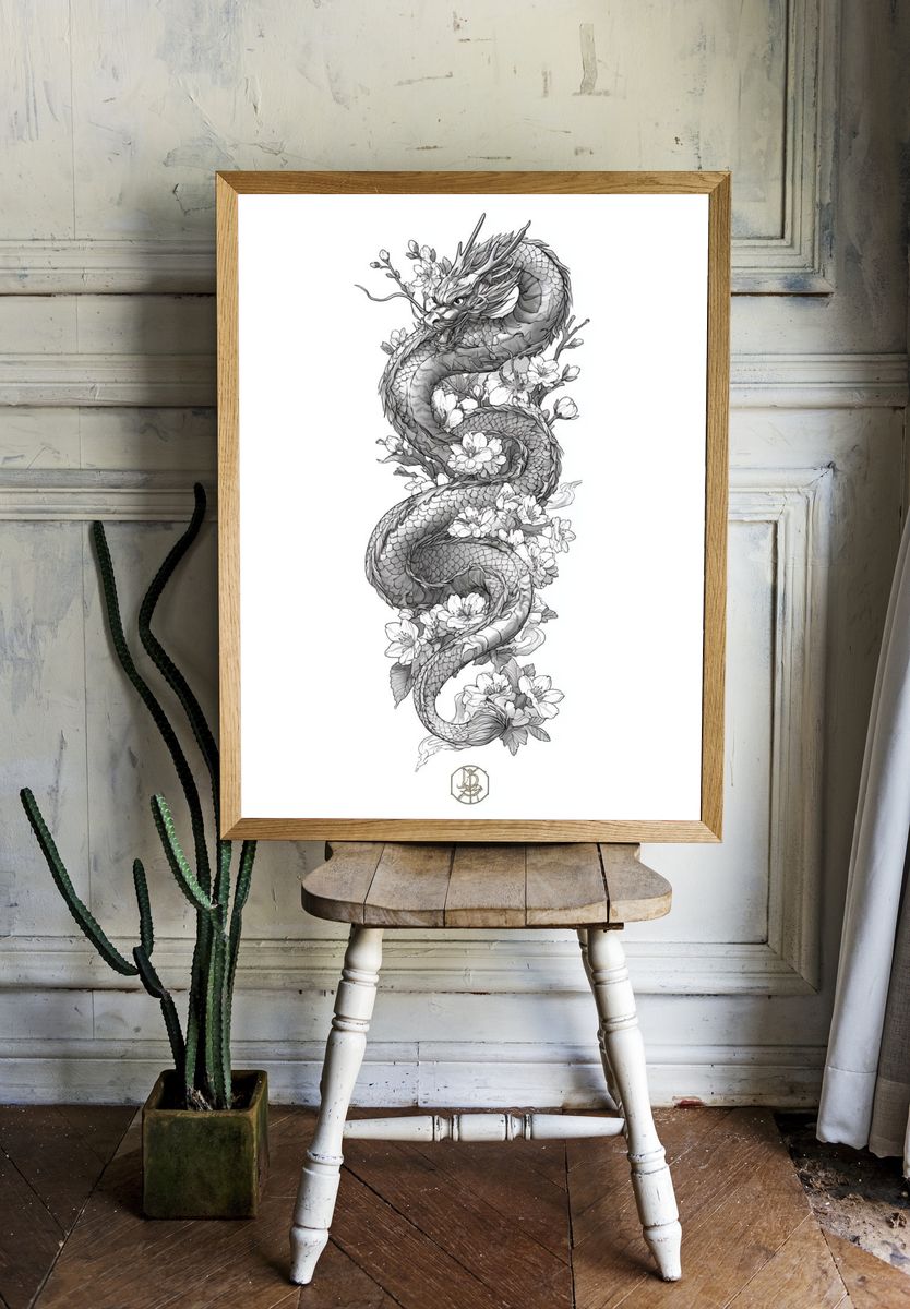 Dragon and Cherry Blossoms — Illustration Print. — room view 1