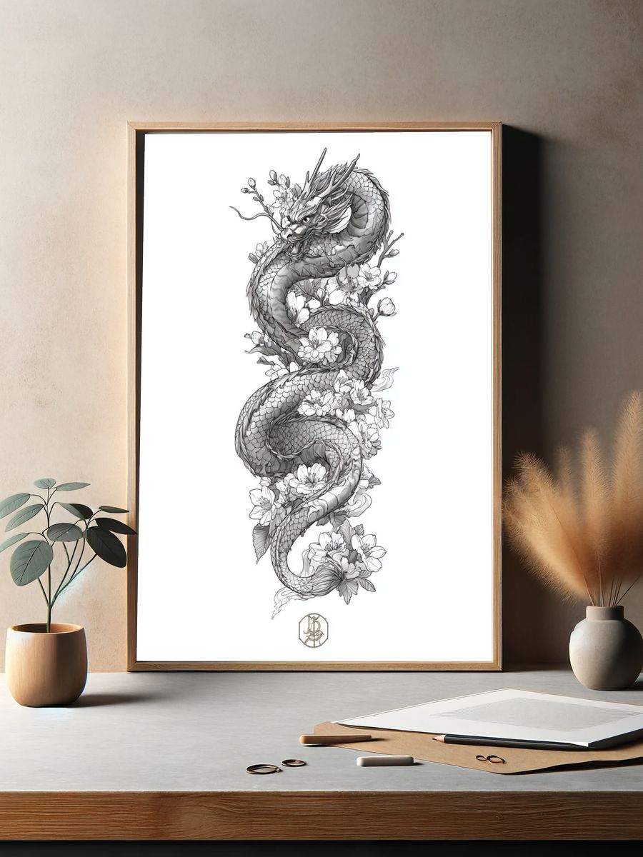 Dragon and Cherry Blossoms — Illustration Print. — room view 2