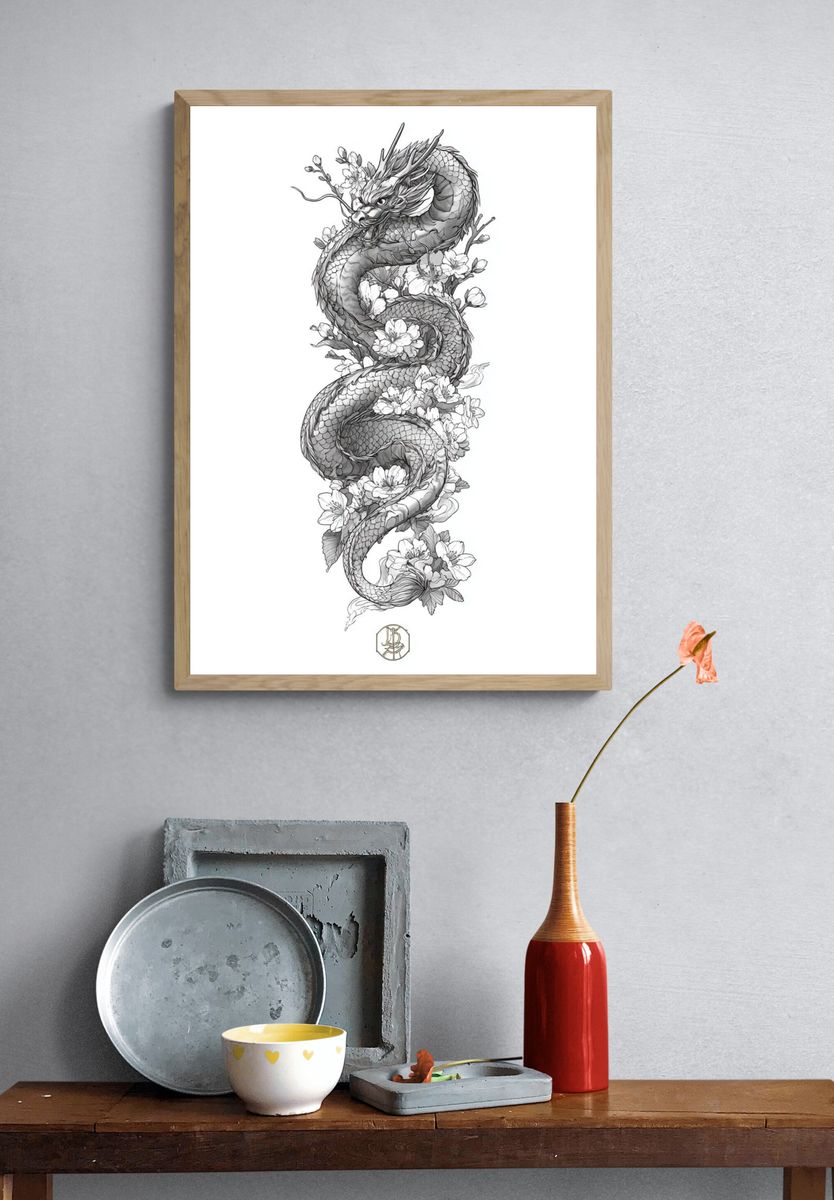 Dragon and Cherry Blossoms — Illustration Print. — room view 3