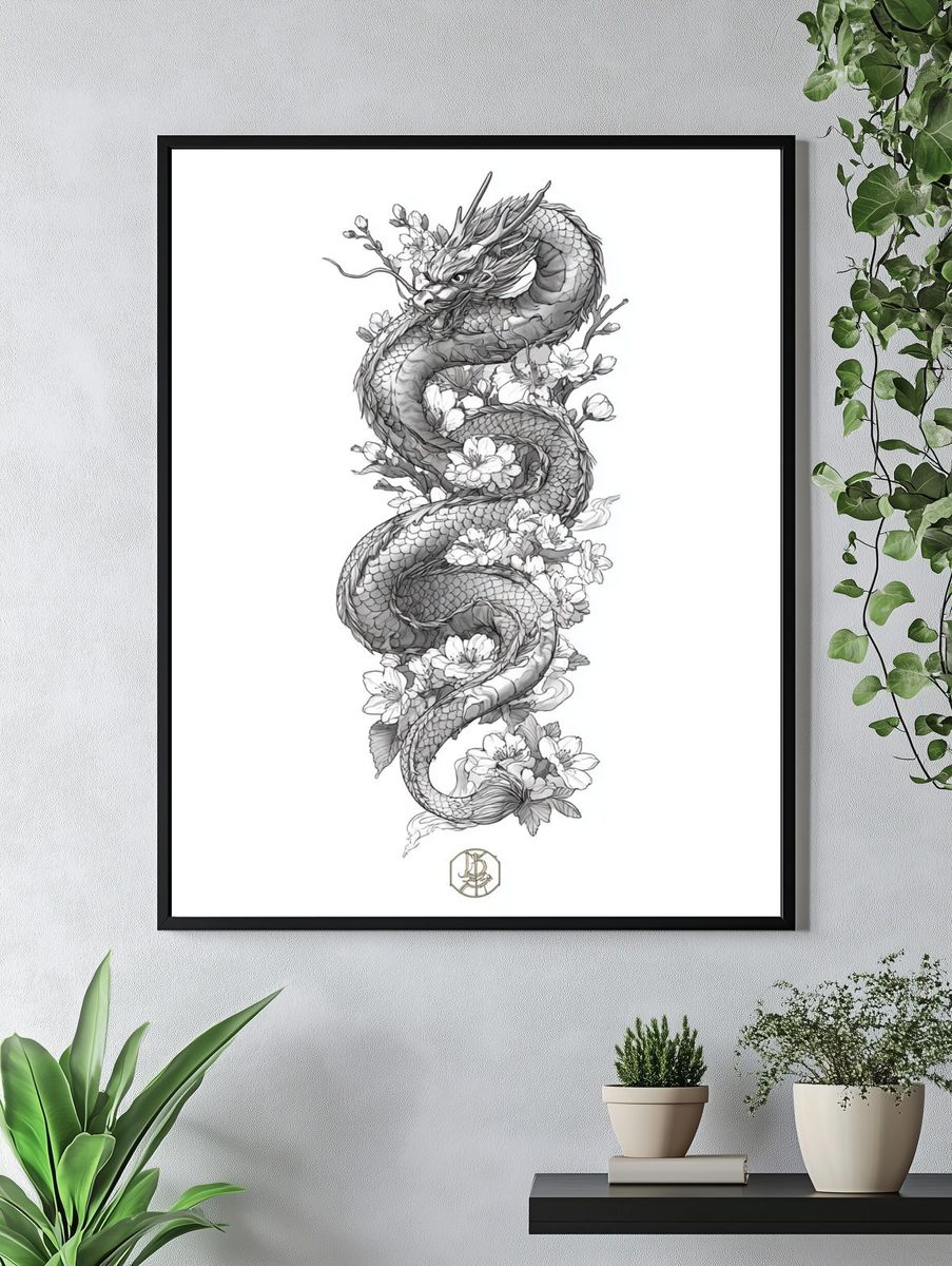 Dragon and Cherry Blossoms — Illustration Print. — room view 4