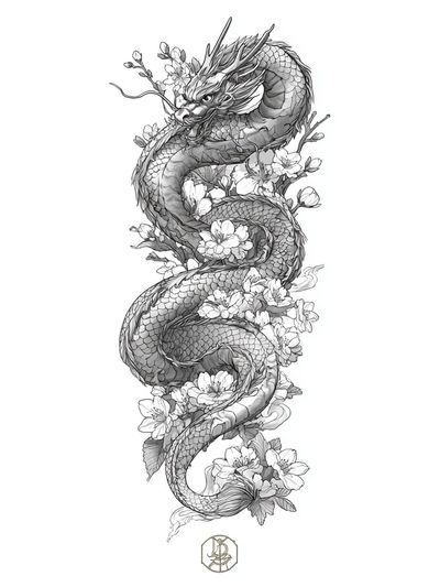 Dragon and Cherry Blossoms — Illustration Print. poster print