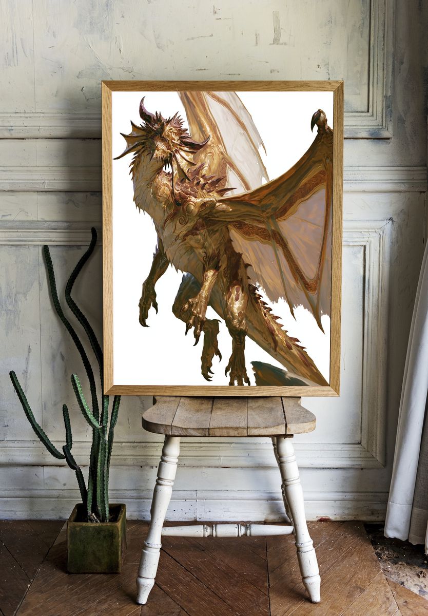 Golden Dragon Fantasy Illustration Poster. — room view 1