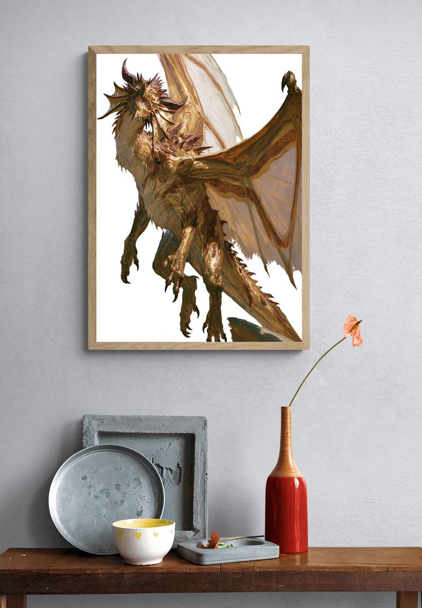 Golden Dragon Fantasy Illustration Poster. — room view 3