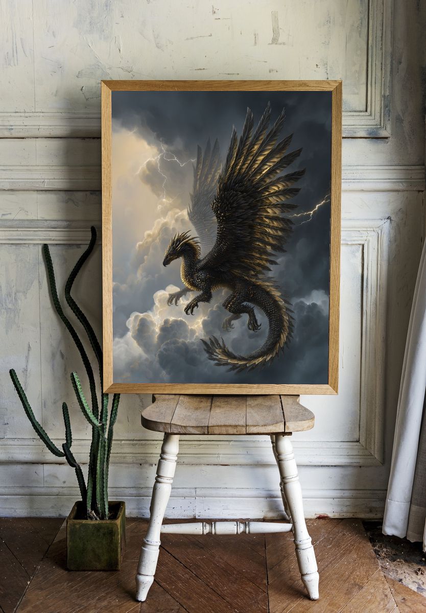 Majestic Dragon in Stormy Sky Poster. — room view 1