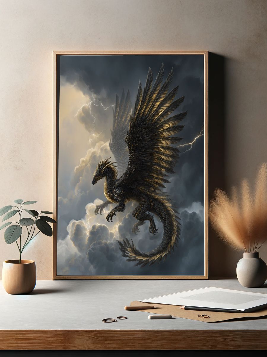 Majestic Dragon in Stormy Sky Poster. — room view 2
