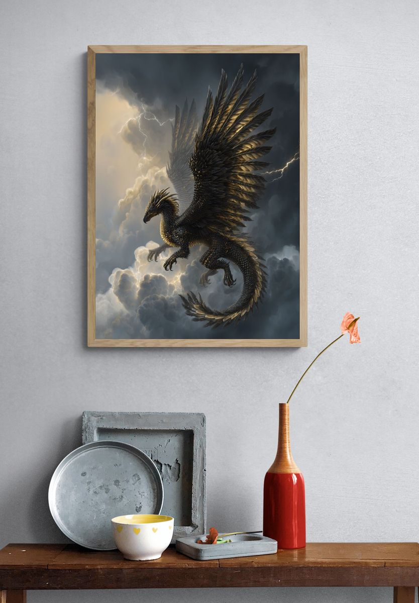 Majestic Dragon in Stormy Sky Poster. — room view 3