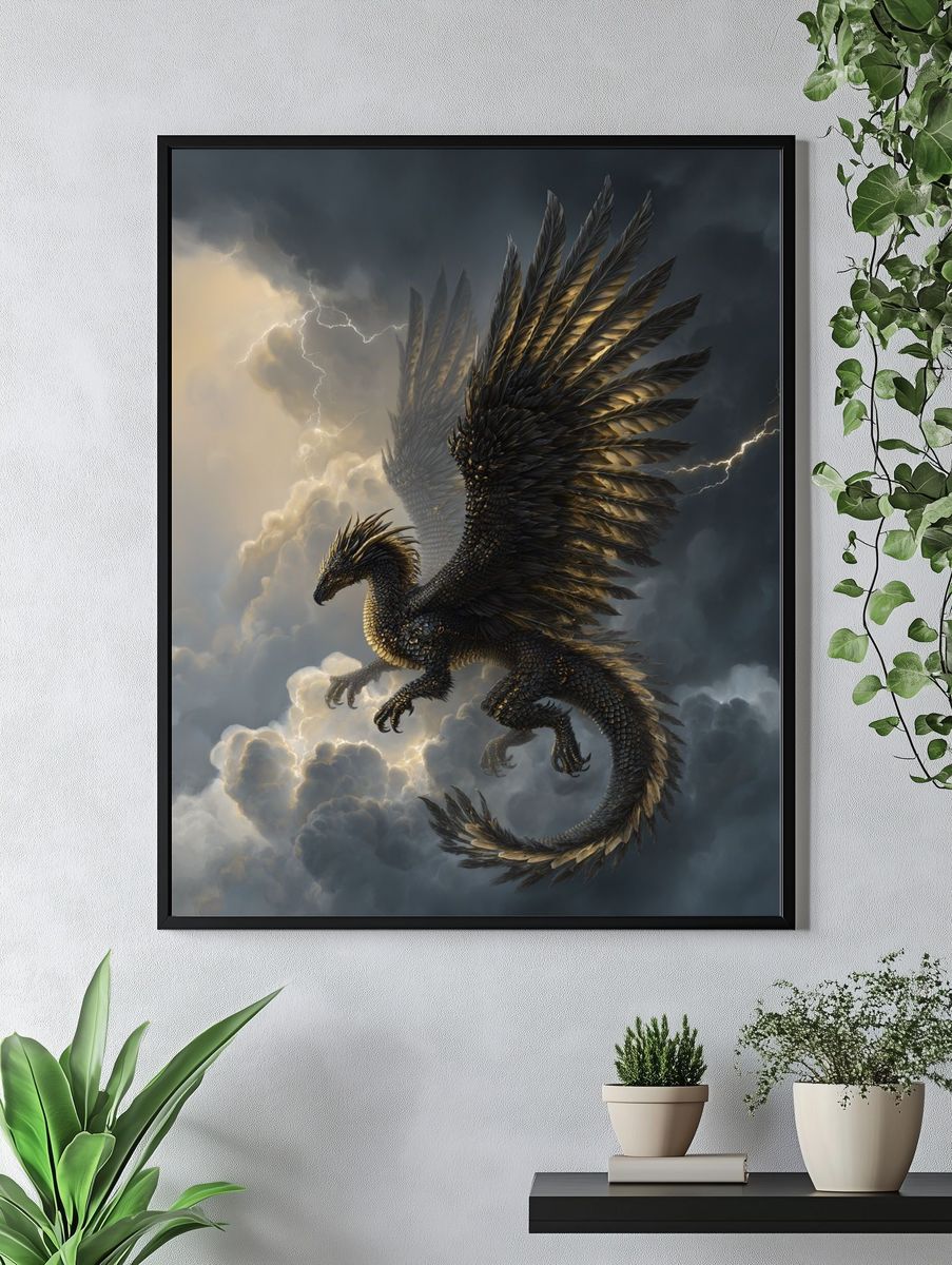 Majestic Dragon in Stormy Sky Poster. — room view 4