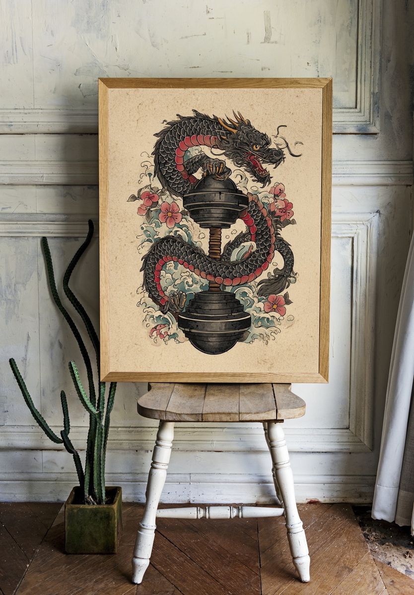 Dragon and Kettlebell Illustration Poster. — room view 1