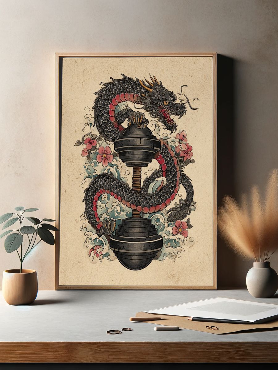 Dragon and Kettlebell Illustration Poster. — room view 2