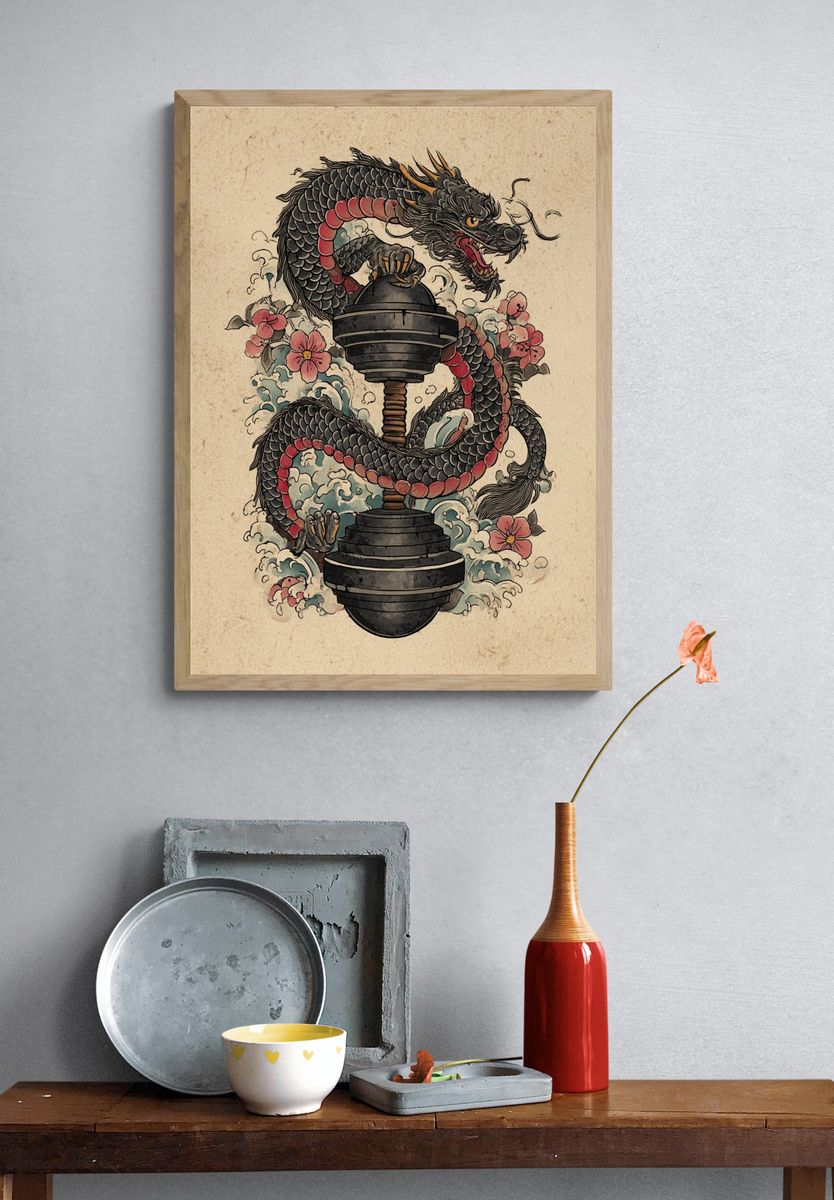 Dragon and Kettlebell Illustration Poster. — room view 3