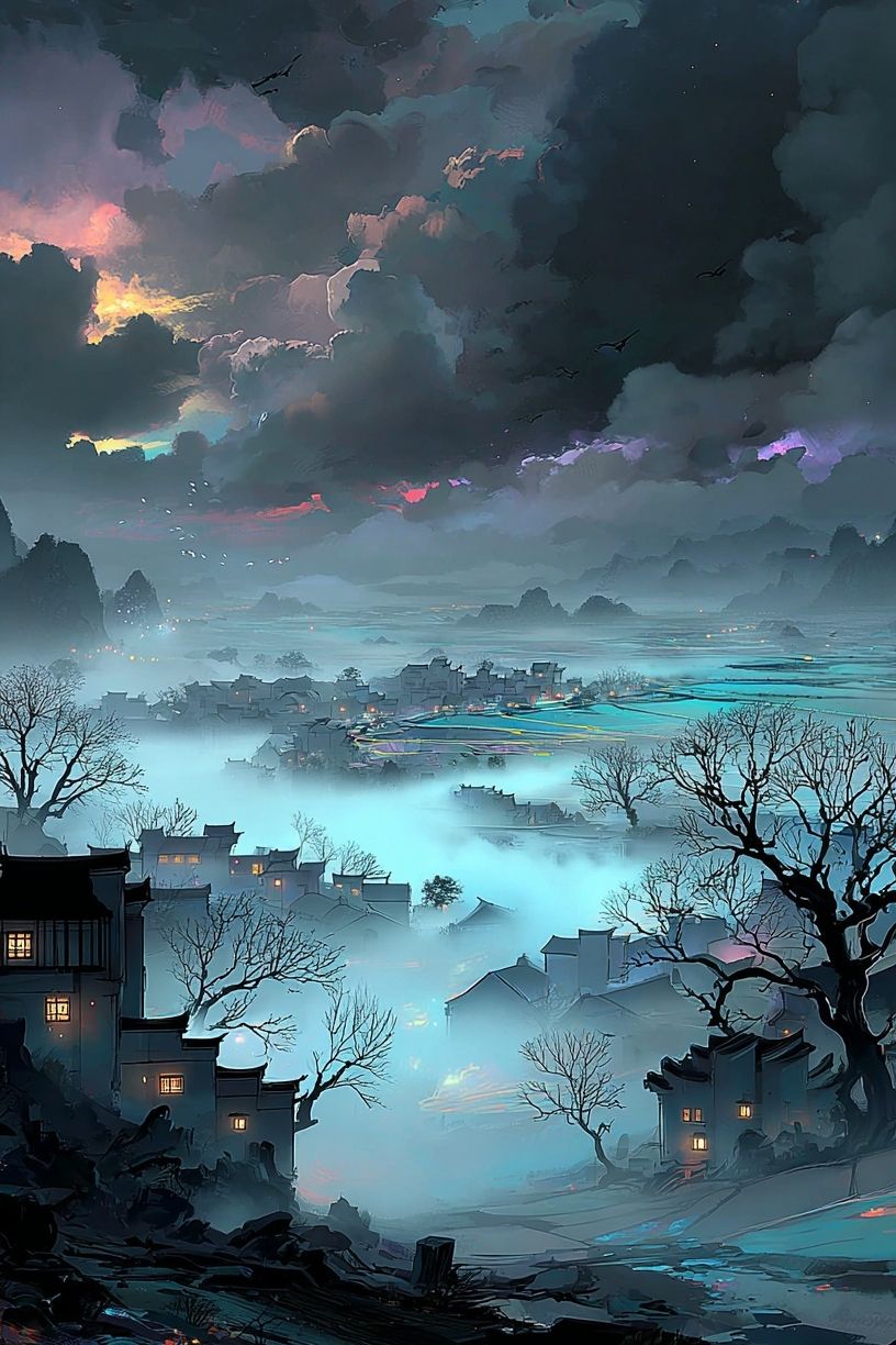 Misty Village at Dusk — Digital Art Print. poster — fine-art art