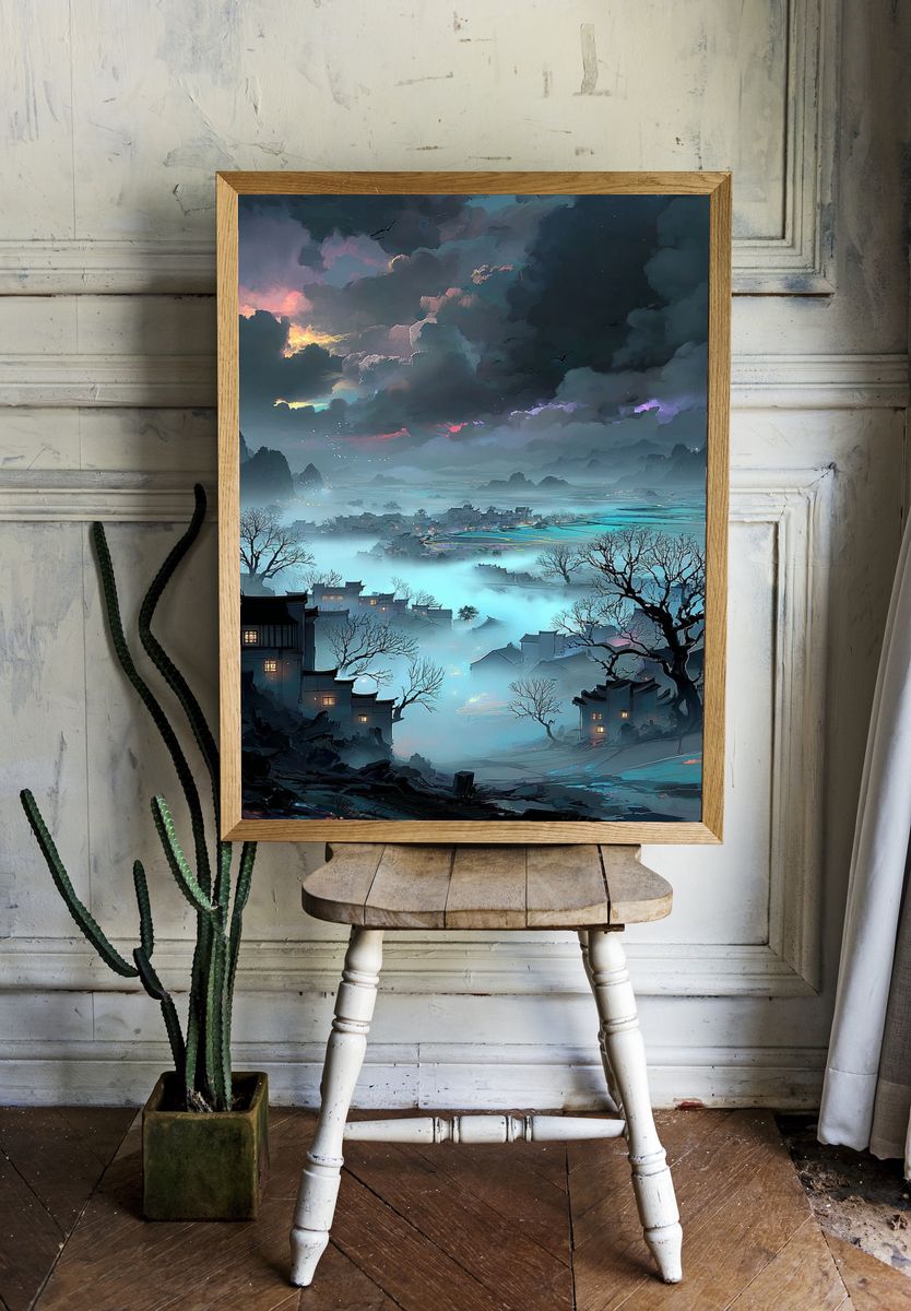 Misty Village at Dusk — Digital Art Print. — room view 1