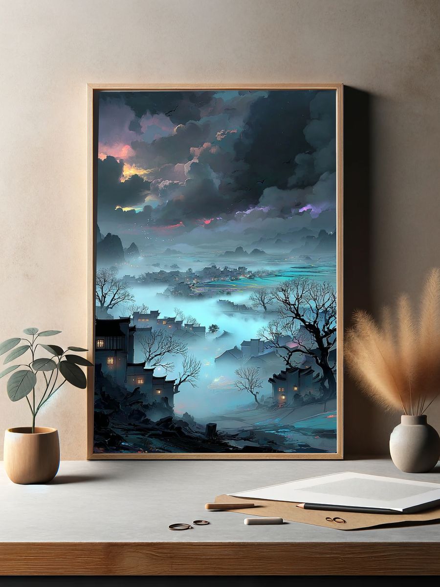 Misty Village at Dusk — Digital Art Print. — room view 2
