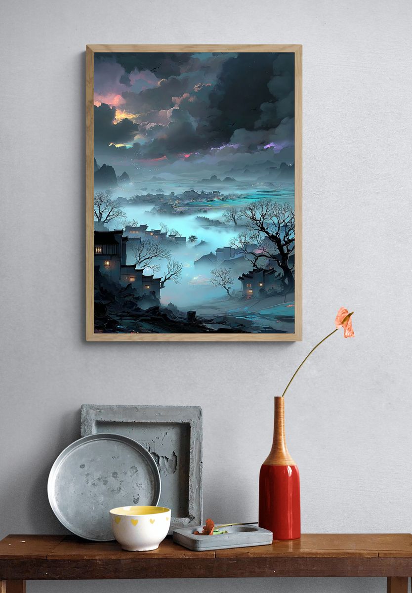 Misty Village at Dusk — Digital Art Print. — room view 3