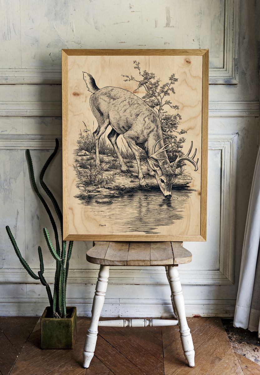 Deer Drinking Water — Illustration Print. — room view 1
