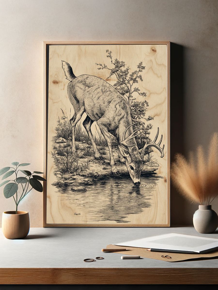 Deer Drinking Water — Illustration Print. — room view 2