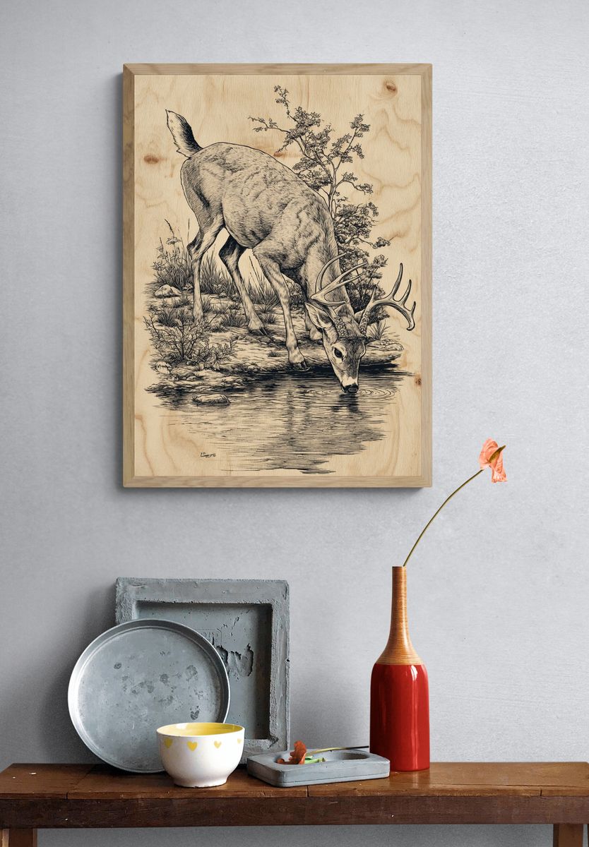 Deer Drinking Water — Illustration Print. — room view 3