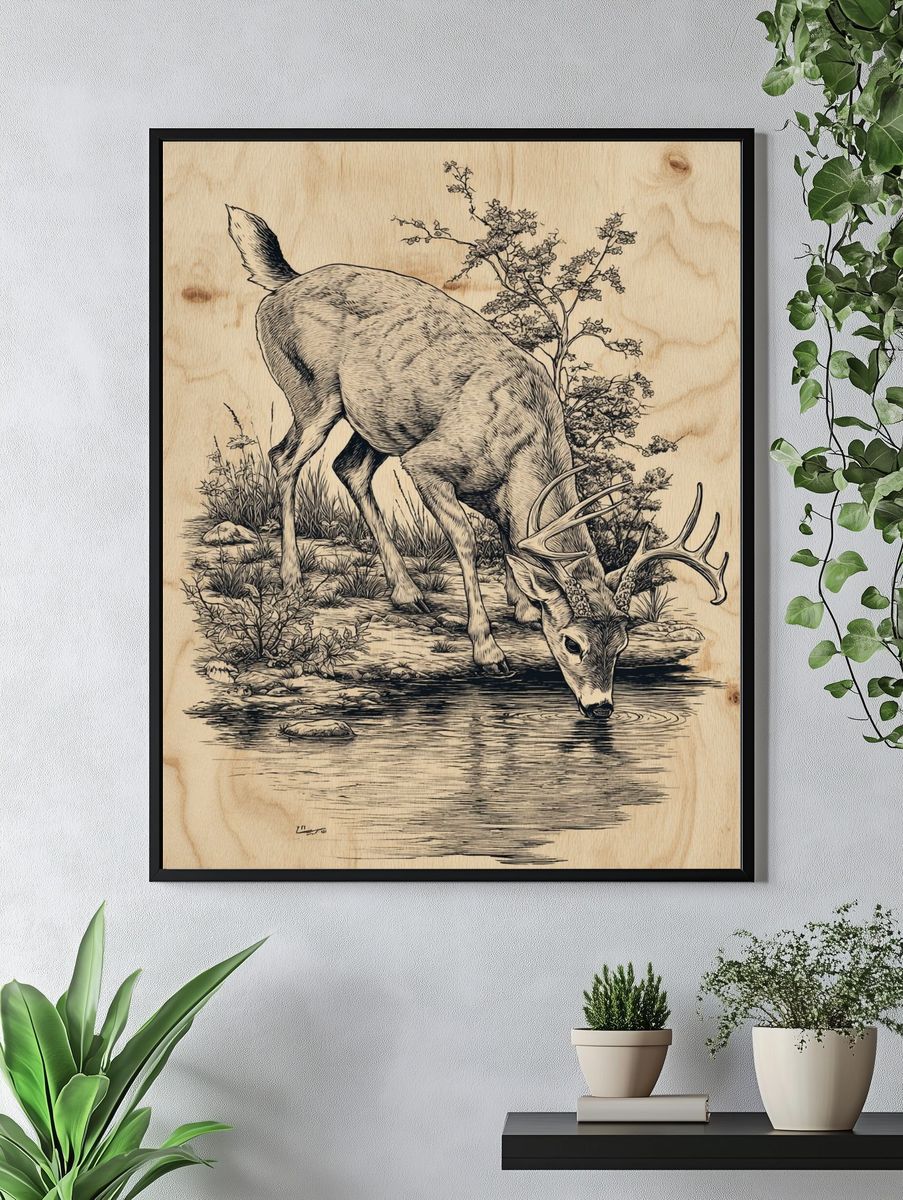 Deer Drinking Water — Illustration Print. — room view 4
