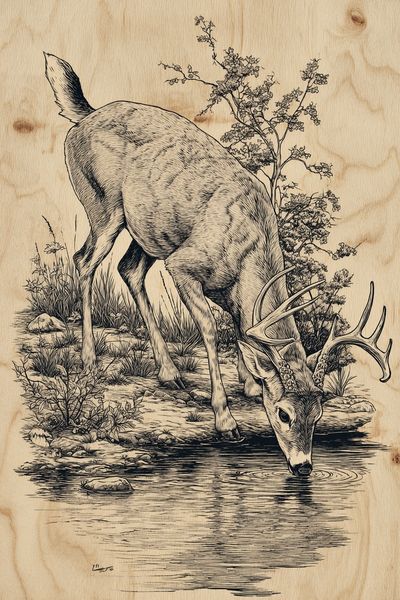 Deer Drinking Water — Illustration Print. poster print