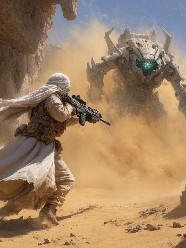 Desert Warrior vs. Mech — Sci-Fi Print. poster — fine-art art