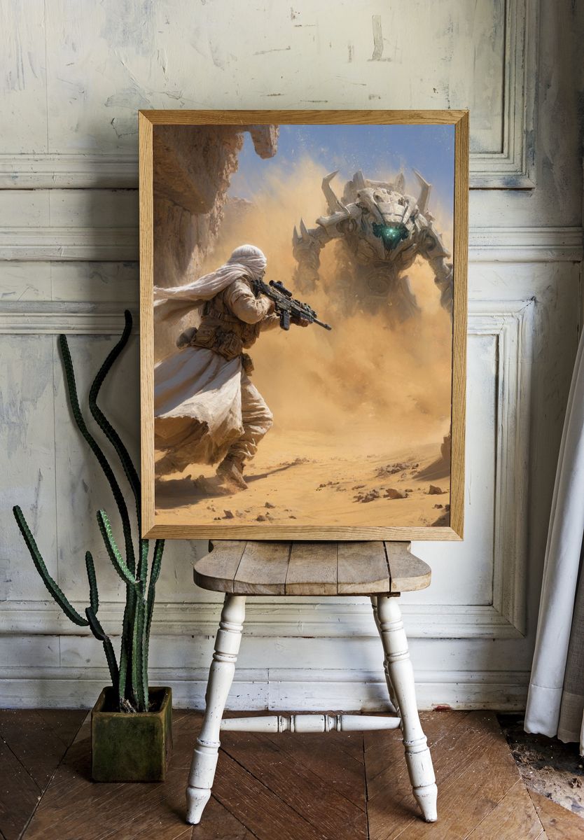Desert Warrior vs. Mech — Sci-Fi Print. — room view 1
