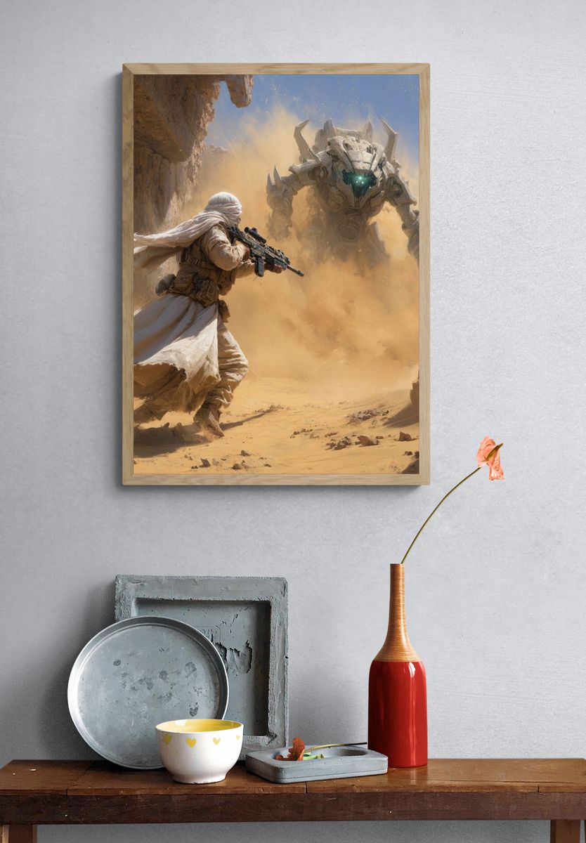 Desert Warrior vs. Mech — Sci-Fi Print. — room view 3
