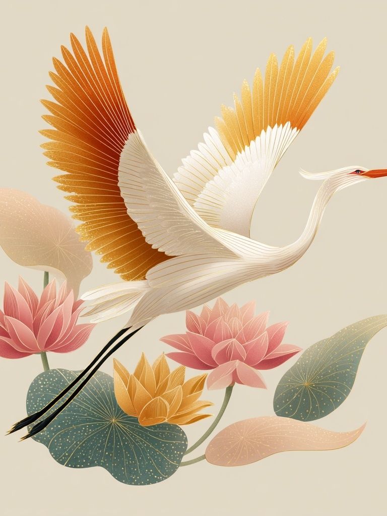 Elegant Crane and Lotus — Illustration Print. poster — illustration art