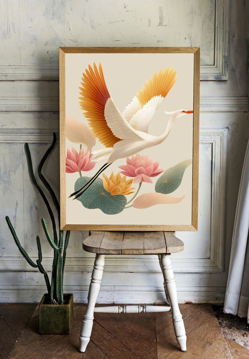Elegant Crane and Lotus — Illustration Print. — room view 1
