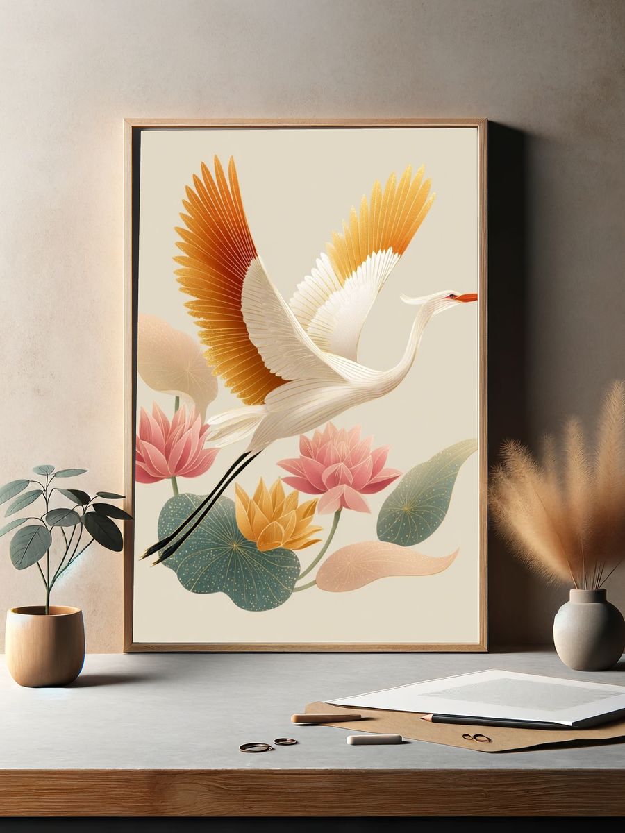 Elegant Crane and Lotus — Illustration Print. — room view 2