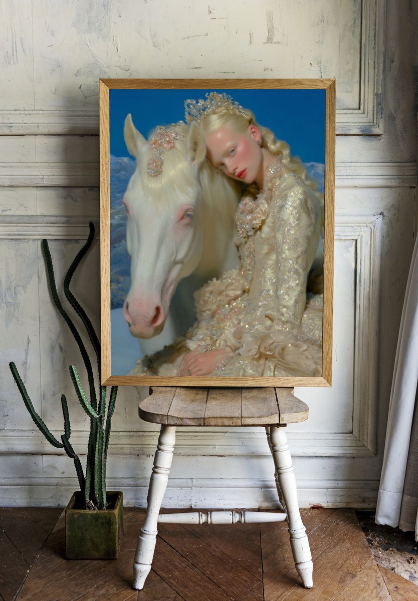 Elegant Girl with White Horse — Fine Art Print. — room view 1