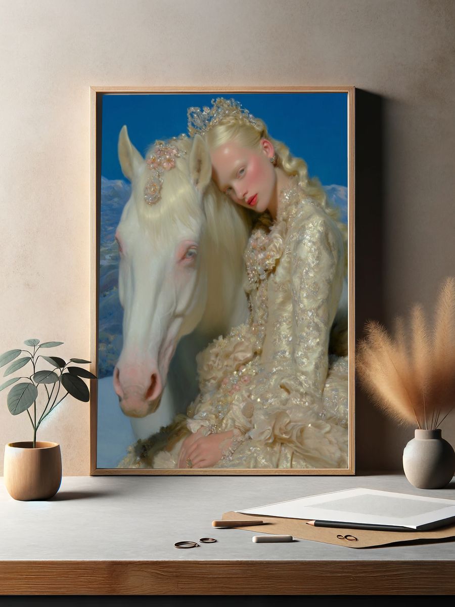 Elegant Girl with White Horse — Fine Art Print. — room view 2