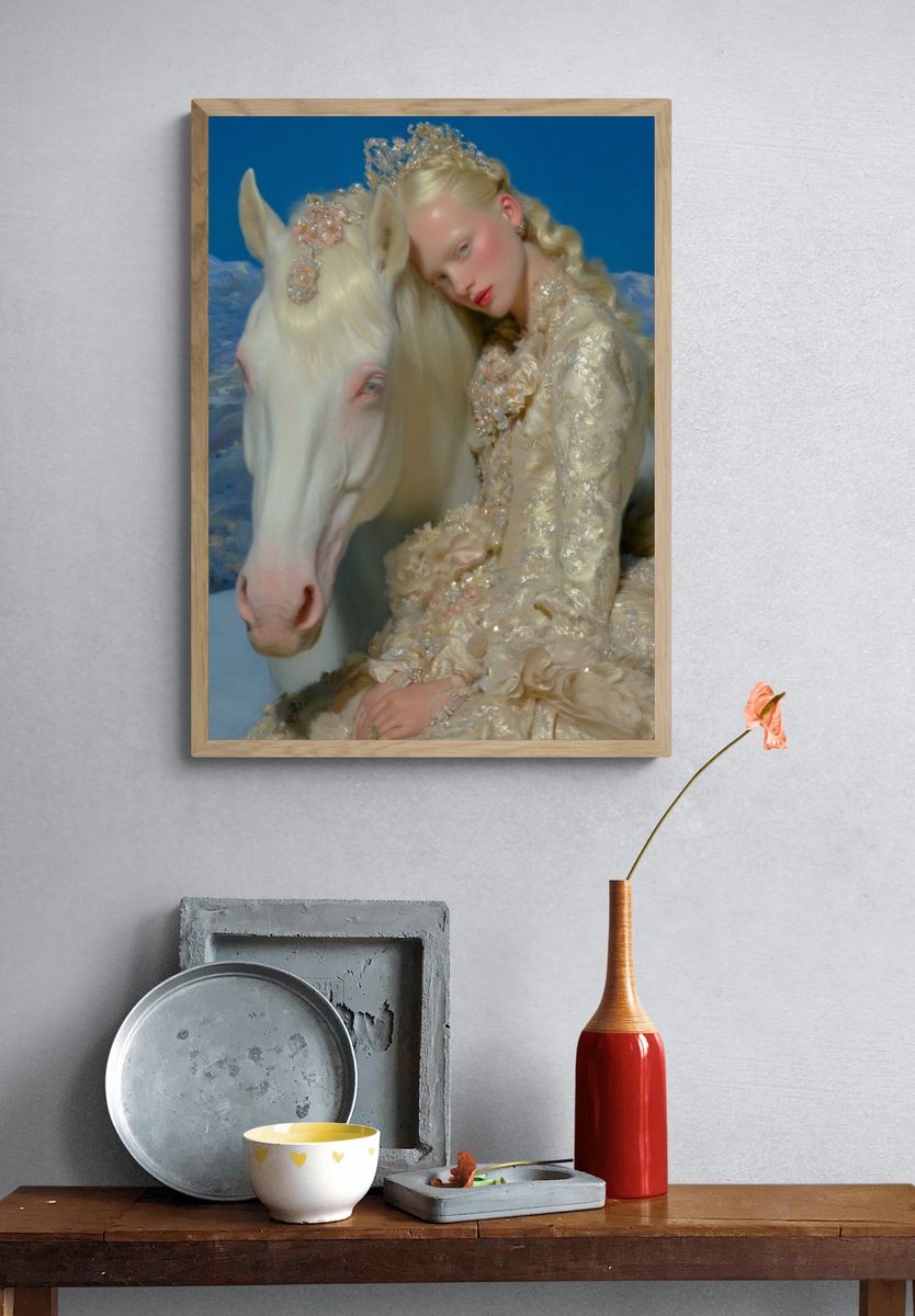 Elegant Girl with White Horse — Fine Art Print. — room view 3