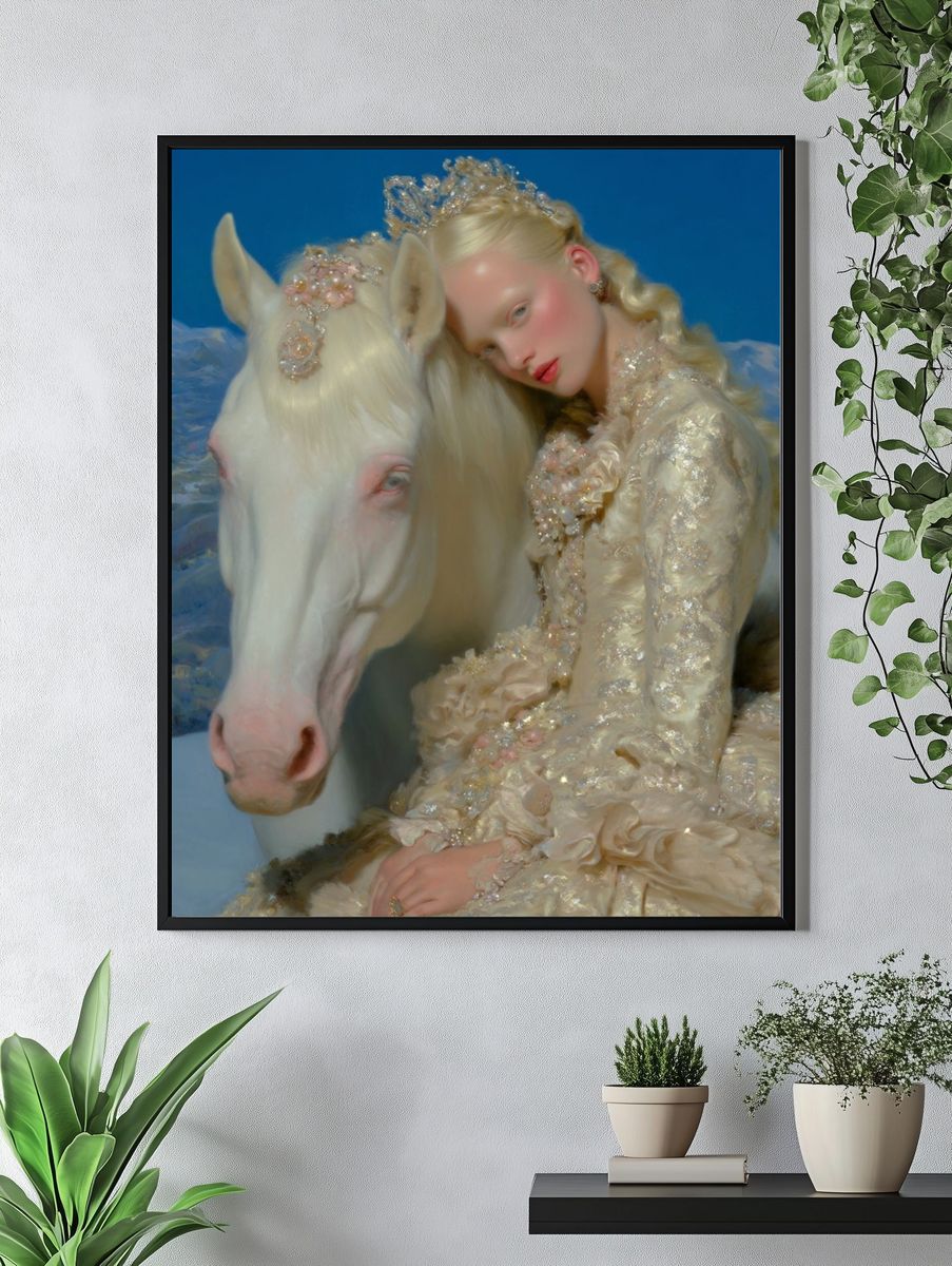 Elegant Girl with White Horse — Fine Art Print. — room view 4