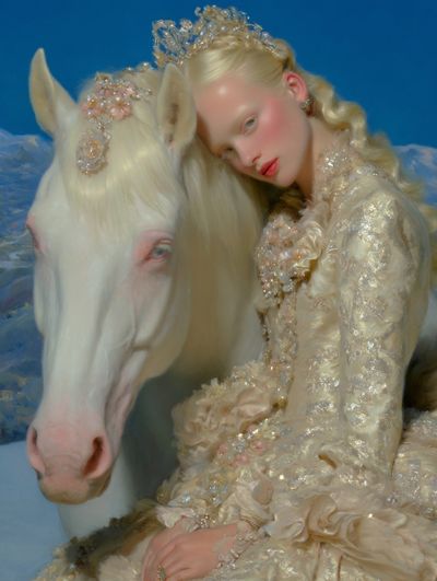 Elegant Girl with White Horse — Fine Art Print. poster