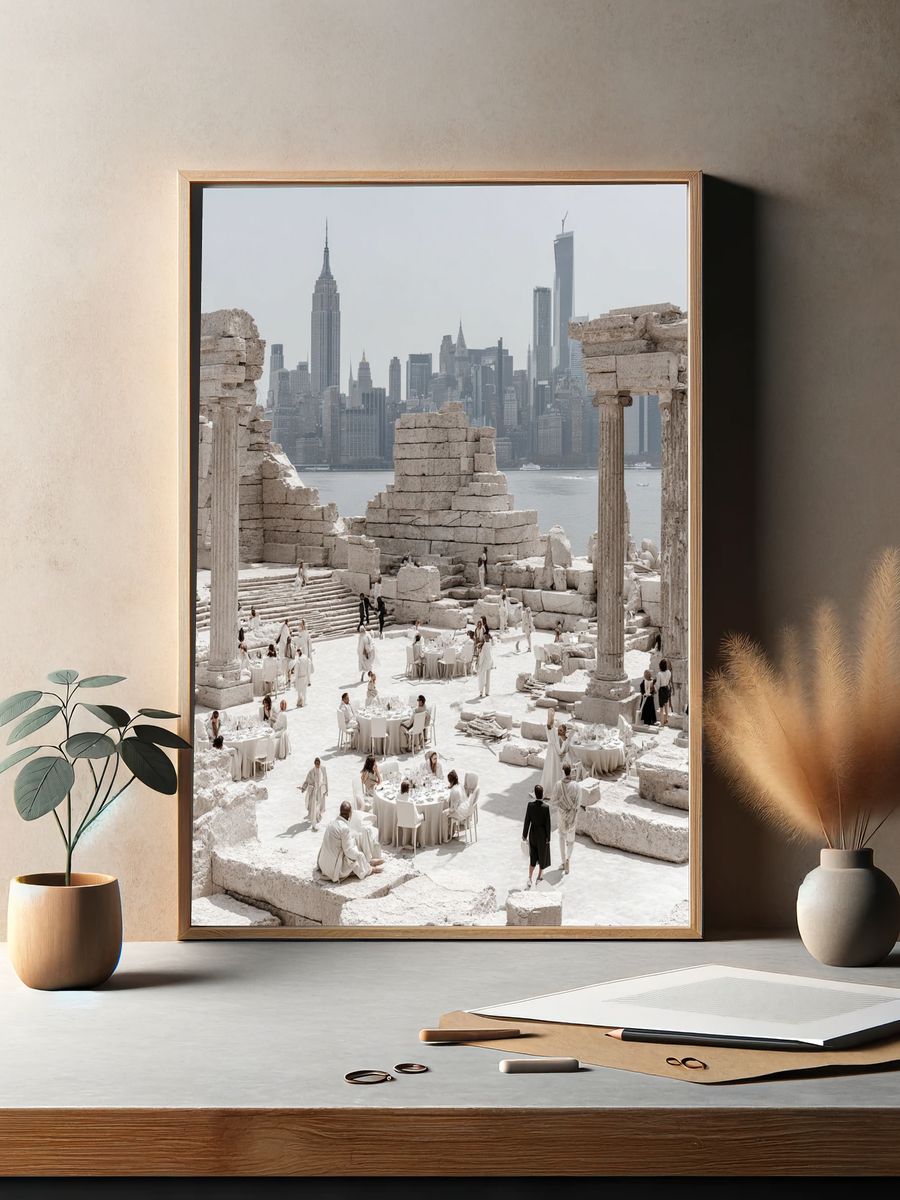 Elegant Gathering at Ancient Ruins — Fine Art Print. — room view 2