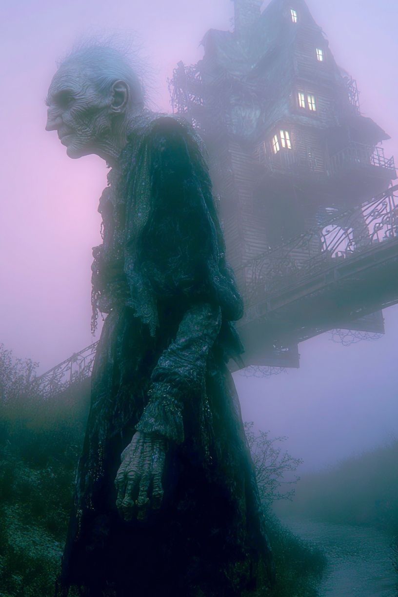 Eerie Figure and Haunted House — Surrealism Print. poster detail
