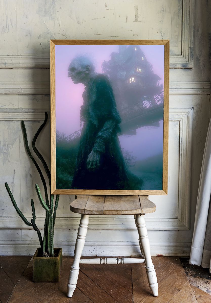 Eerie Figure and Haunted House — Surrealism Print. — room view 1