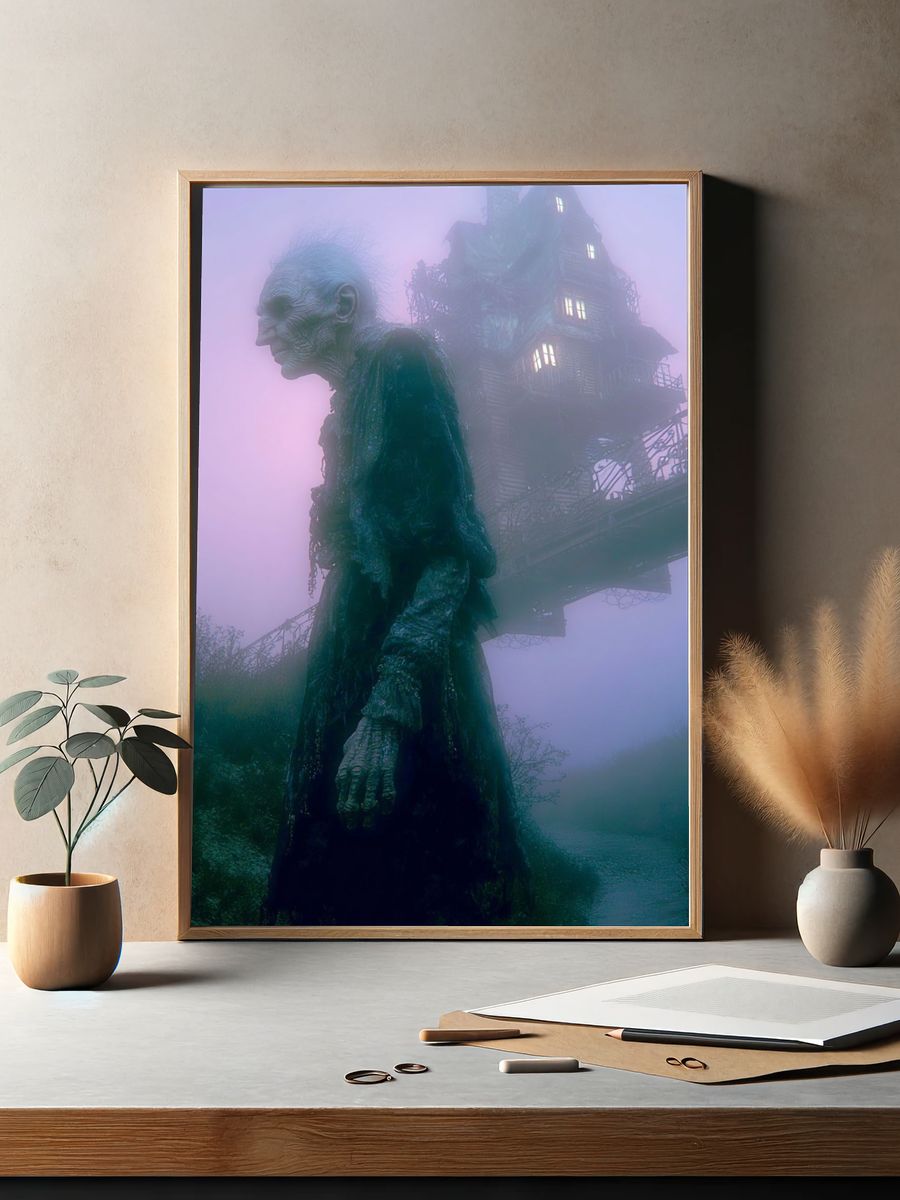 Eerie Figure and Haunted House — Surrealism Print. — room view 2
