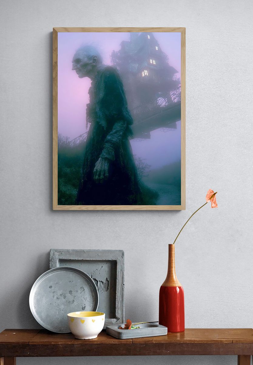 Eerie Figure and Haunted House — Surrealism Print. — room view 3