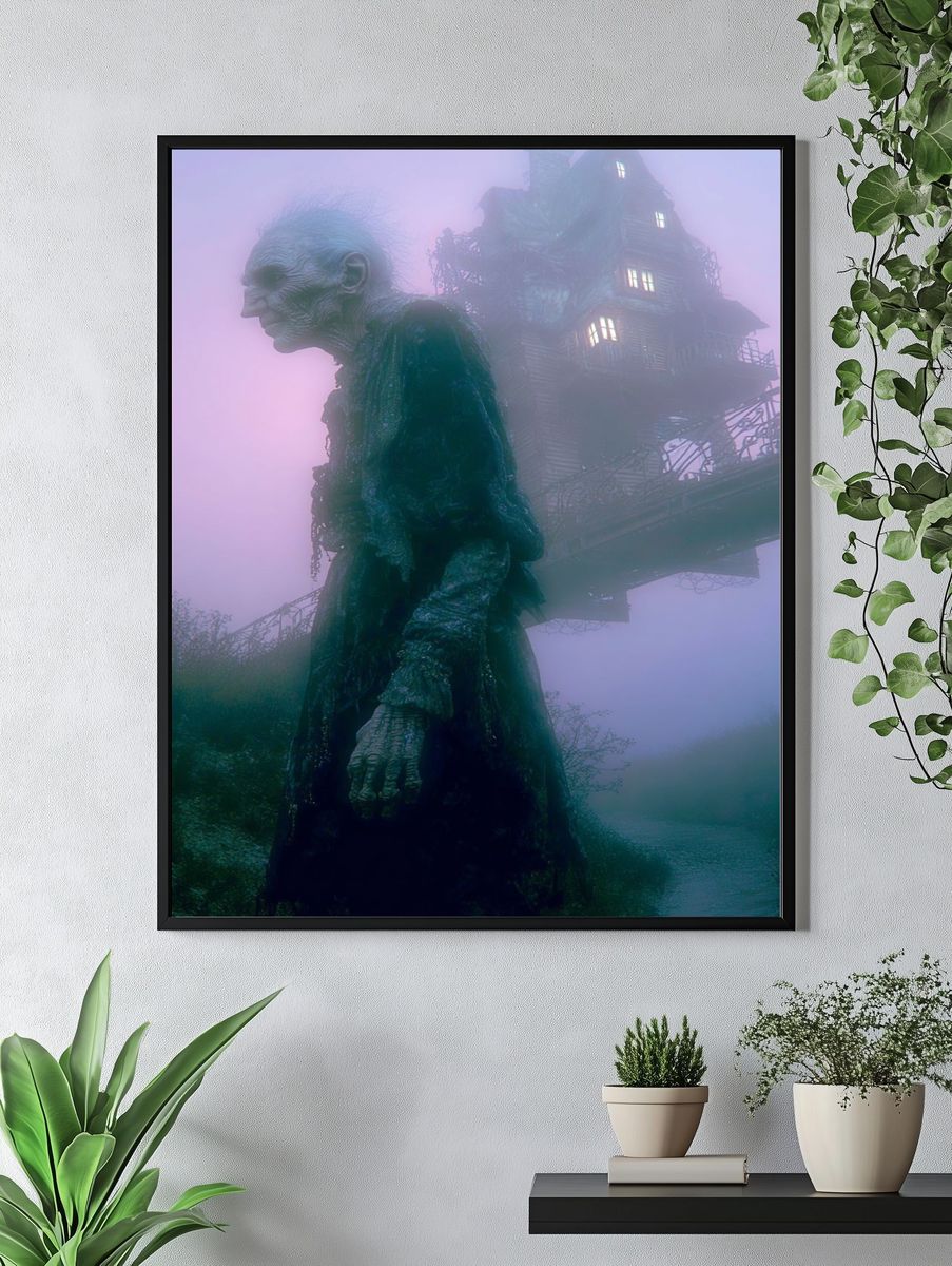 Eerie Figure and Haunted House — Surrealism Print. — room view 4