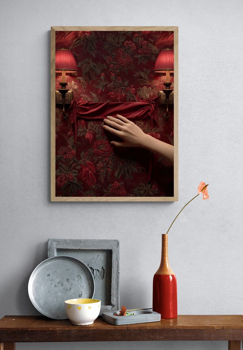 Elegant Hand on Floral Wallpaper Poster. — room view 3