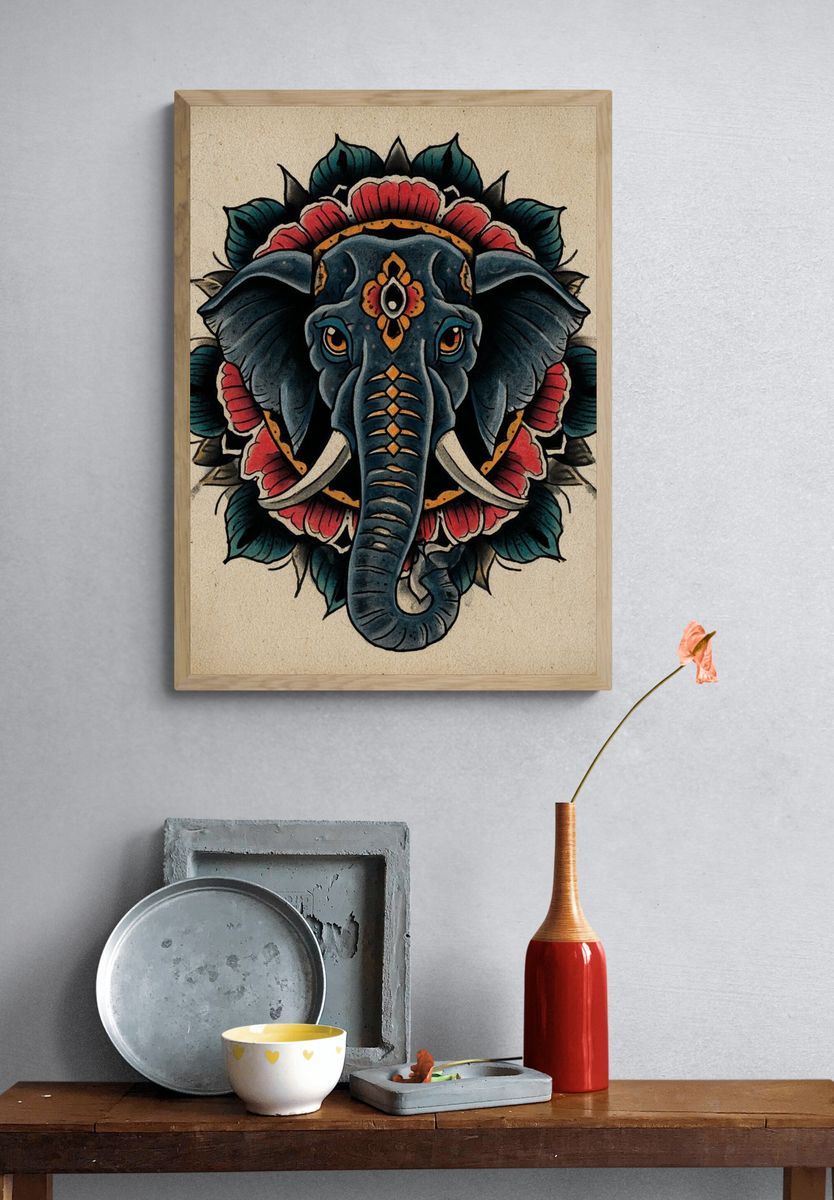 Elephant Mandala Art Print. — room view 3