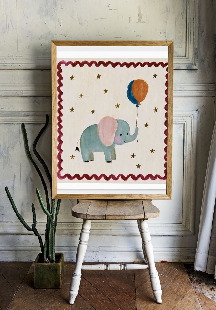 Elephant Balloon Nursery Print. room preview